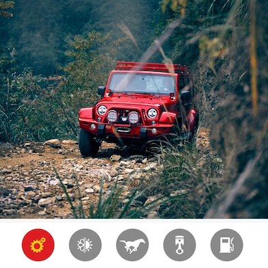 A red jeep on rugged terrain demonstrates the Shell Helix Ultra engine stress and wear protection product benefit