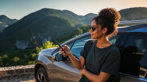 Mulher junto ao carro, a consultar a ferramenta Shell LubeMatch no seu smartphone