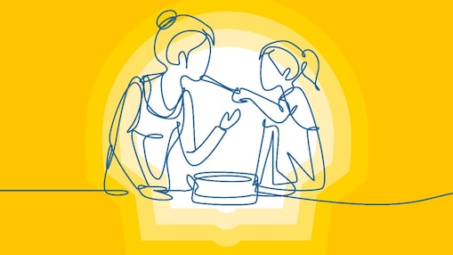 Ilustração em linha de uma mulher uma criança a cozinhar com Shell Gas